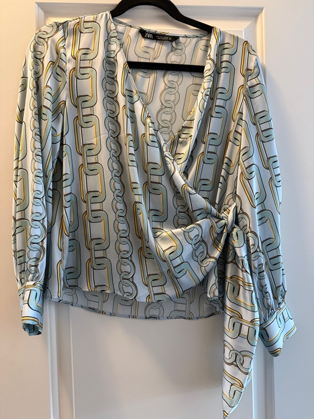 Zara Light Blue Chain-Print Wrap Blouse